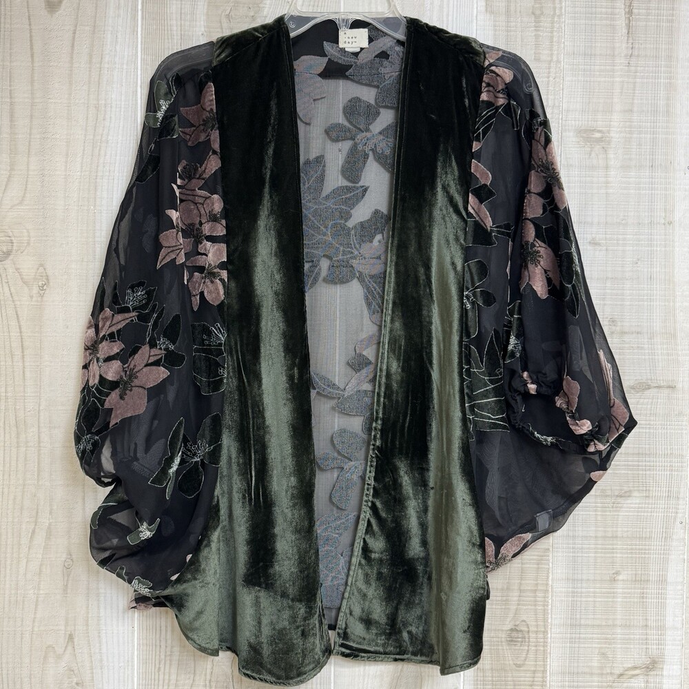 A New‎ Day Open Front Kimono Womens OS Black Floral Velvet Sheer Fairy Whimsy